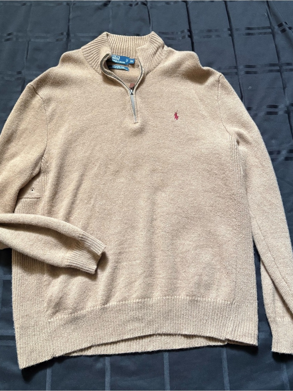 Vtg Polo Ralph Lauren Lambswool Sweater Mens XL Tan Quarter Zip Ribbed Collar